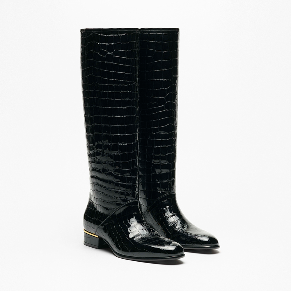 CHANEL High Boots Crocodile Embossed Patent Calfskin Black Red #389472