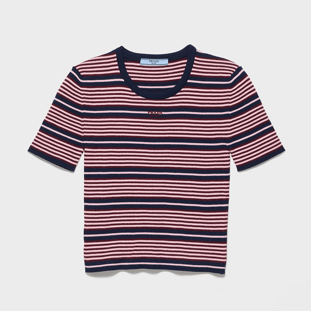 PRADA Navy Petal Short-sleeved Striped Cotton Sweater #386278