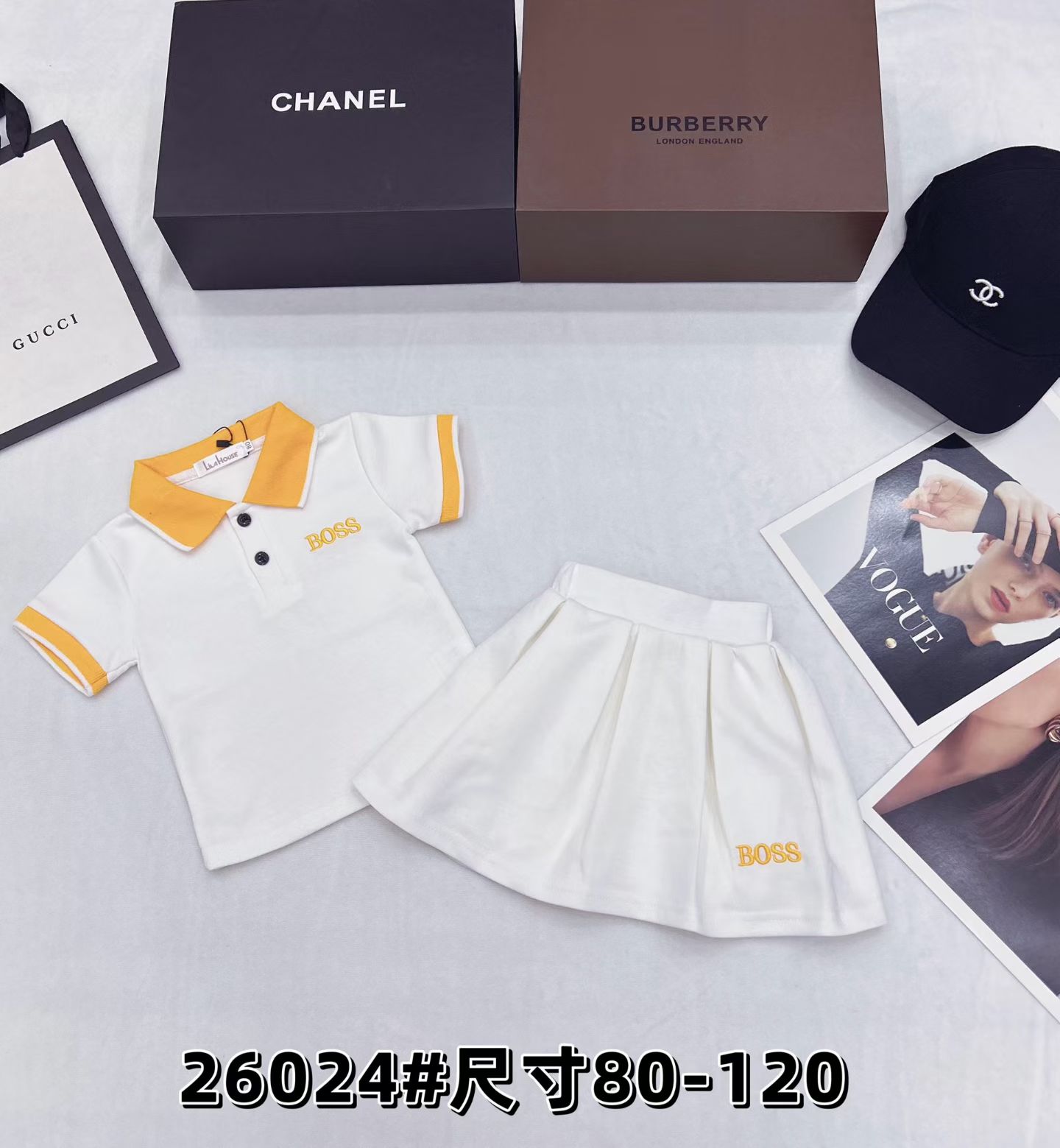 Boss Little Girls Navy Pink White Contrast Collar Short Sleeve Polo Top & Pleated Skirt Set Sizes 80-120