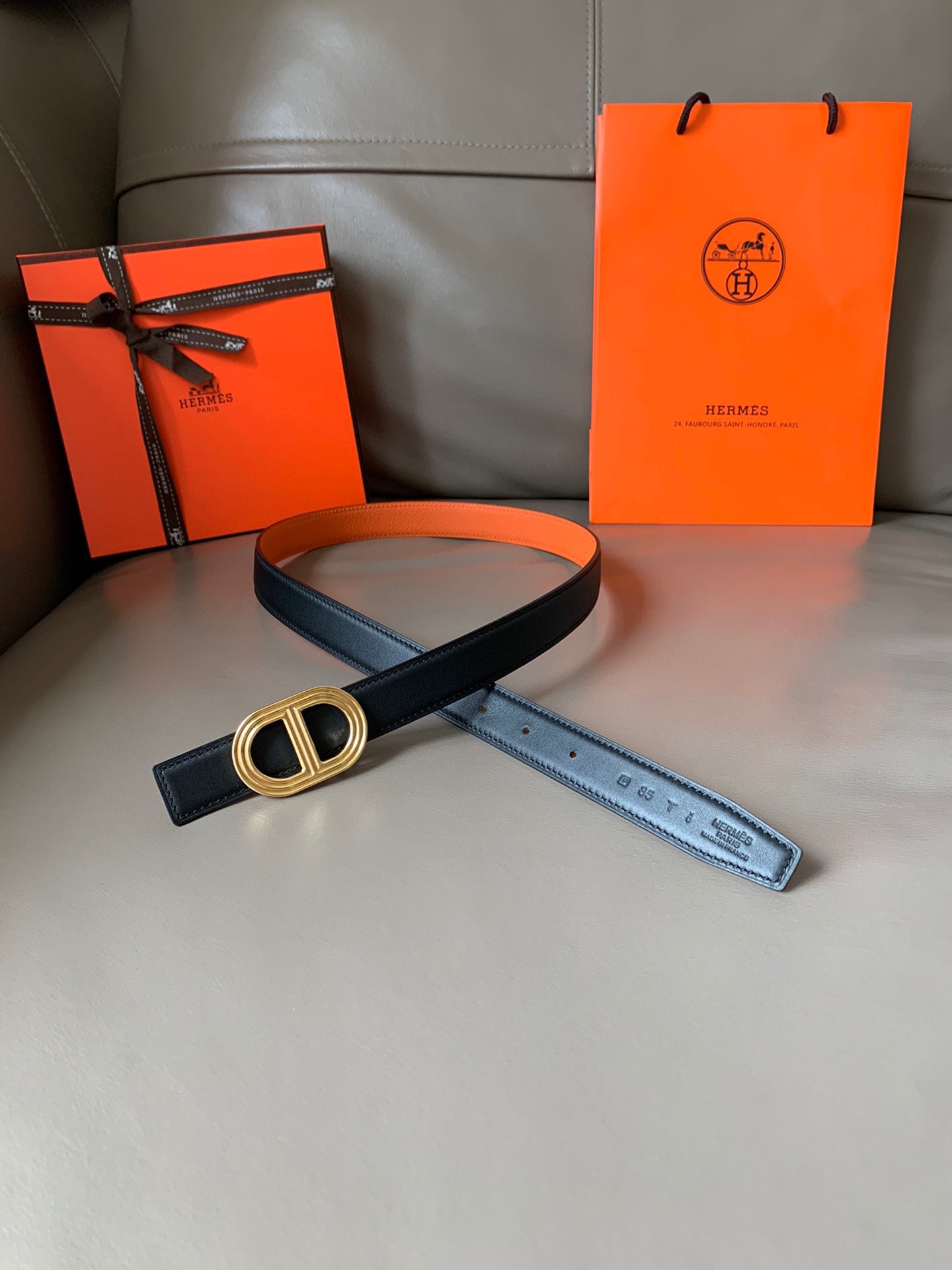 [TOP] HERMES Calfskin Belt 24mm - Black and Orange - 711 Luxury