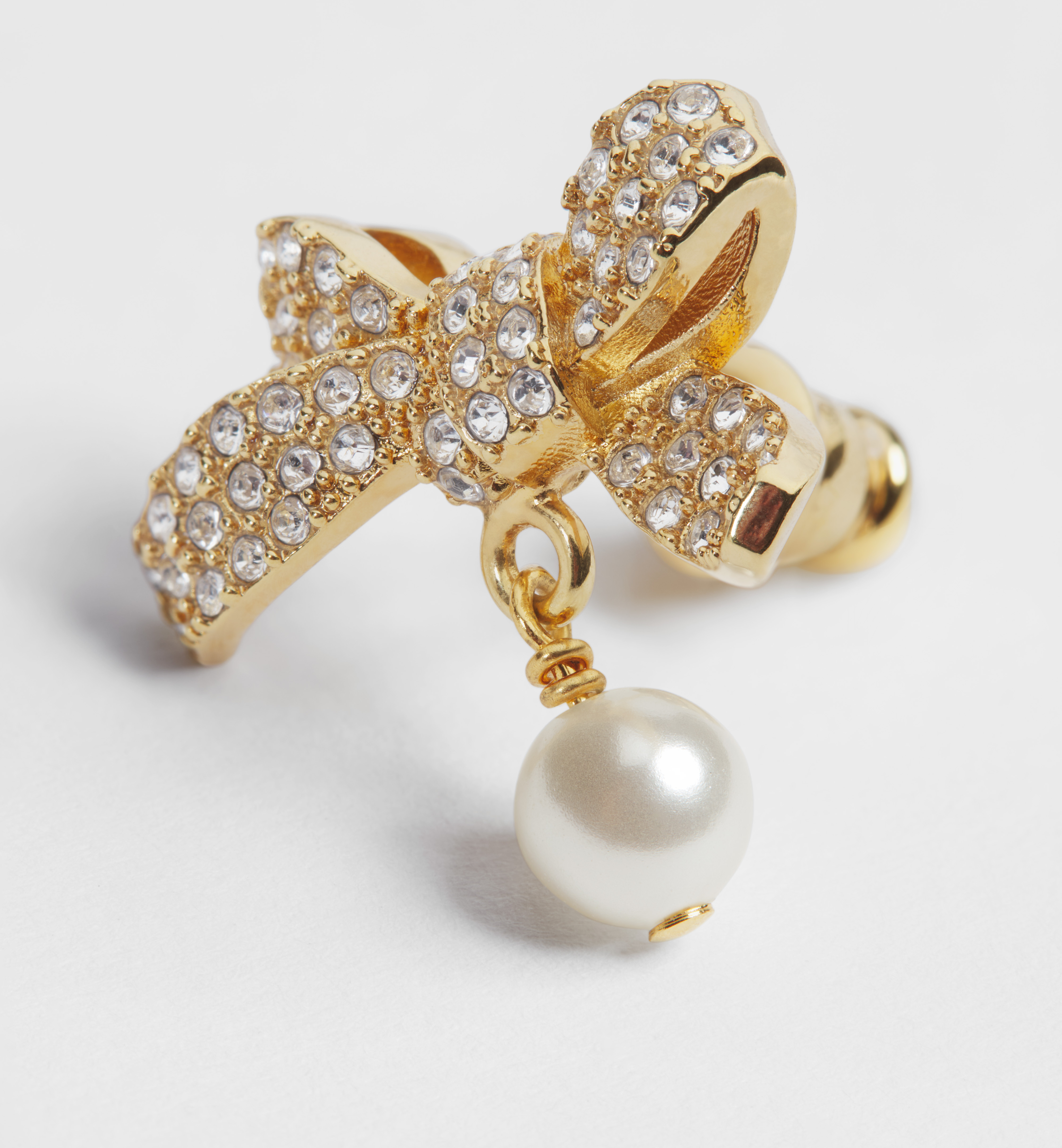 DIOR Delicate Bow Earrings Gold-Finish Metal White Resin Pearl and Crystals #379151