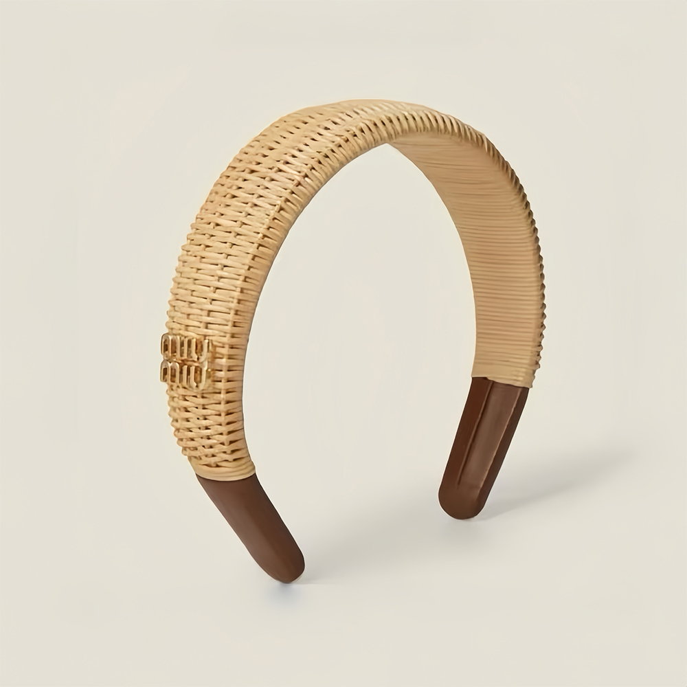 Designer brown Accessory MIUMIU Rattan and Brown Leather Headband With Gold Letters | Nigo Office
