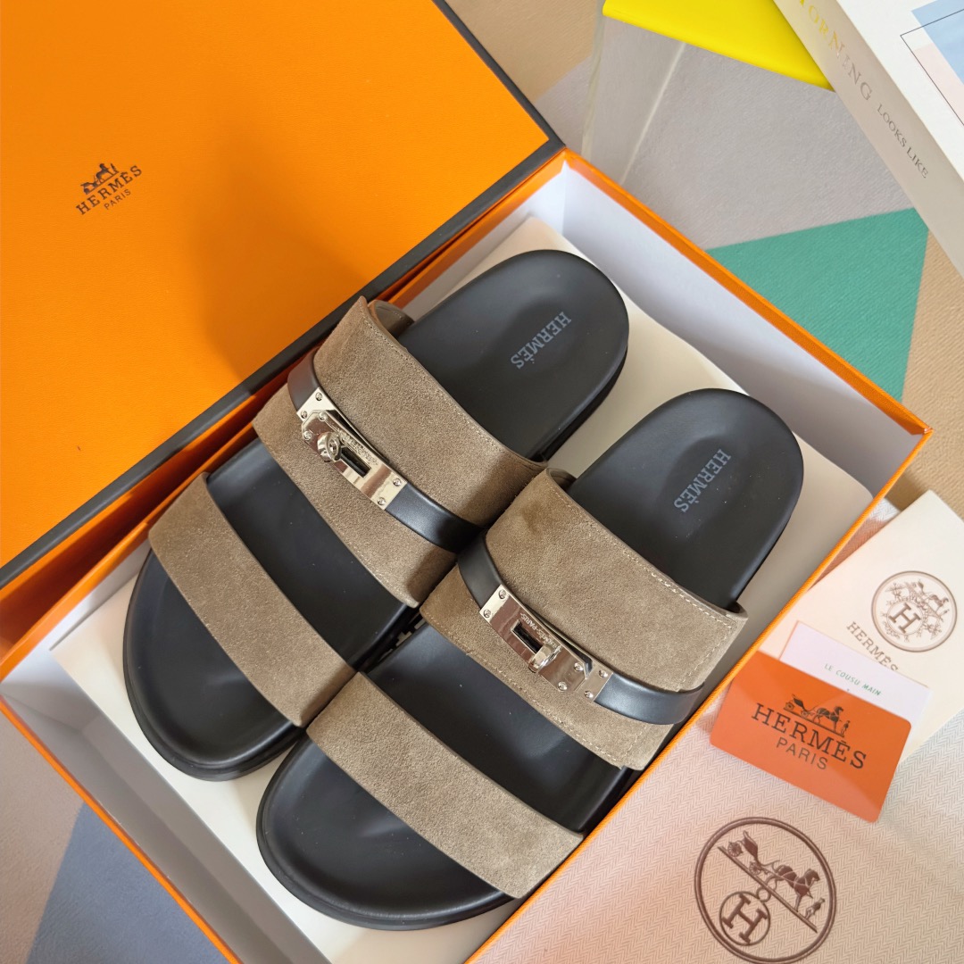 [TOP] HERMES Men's/Women's Jackson Calfskin Slippers - Gray - 711 Luxury