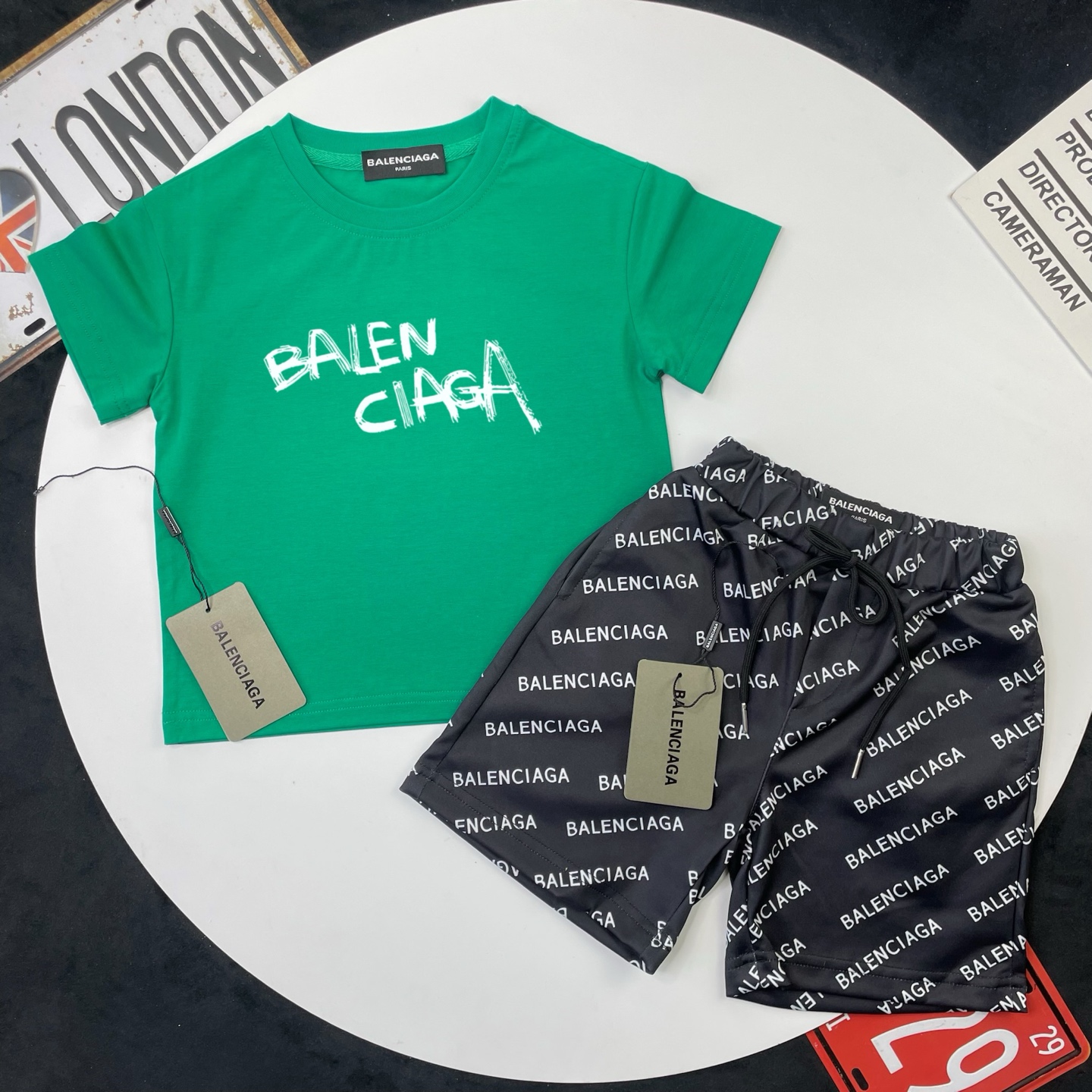 Balenciaga Unisex Kids Green Graffiti Split Letter Short Sleeve T-Shirt & Black All Over Letter Print Casual Shorts 2 Piece Set Boys Girls Sizes 90-150