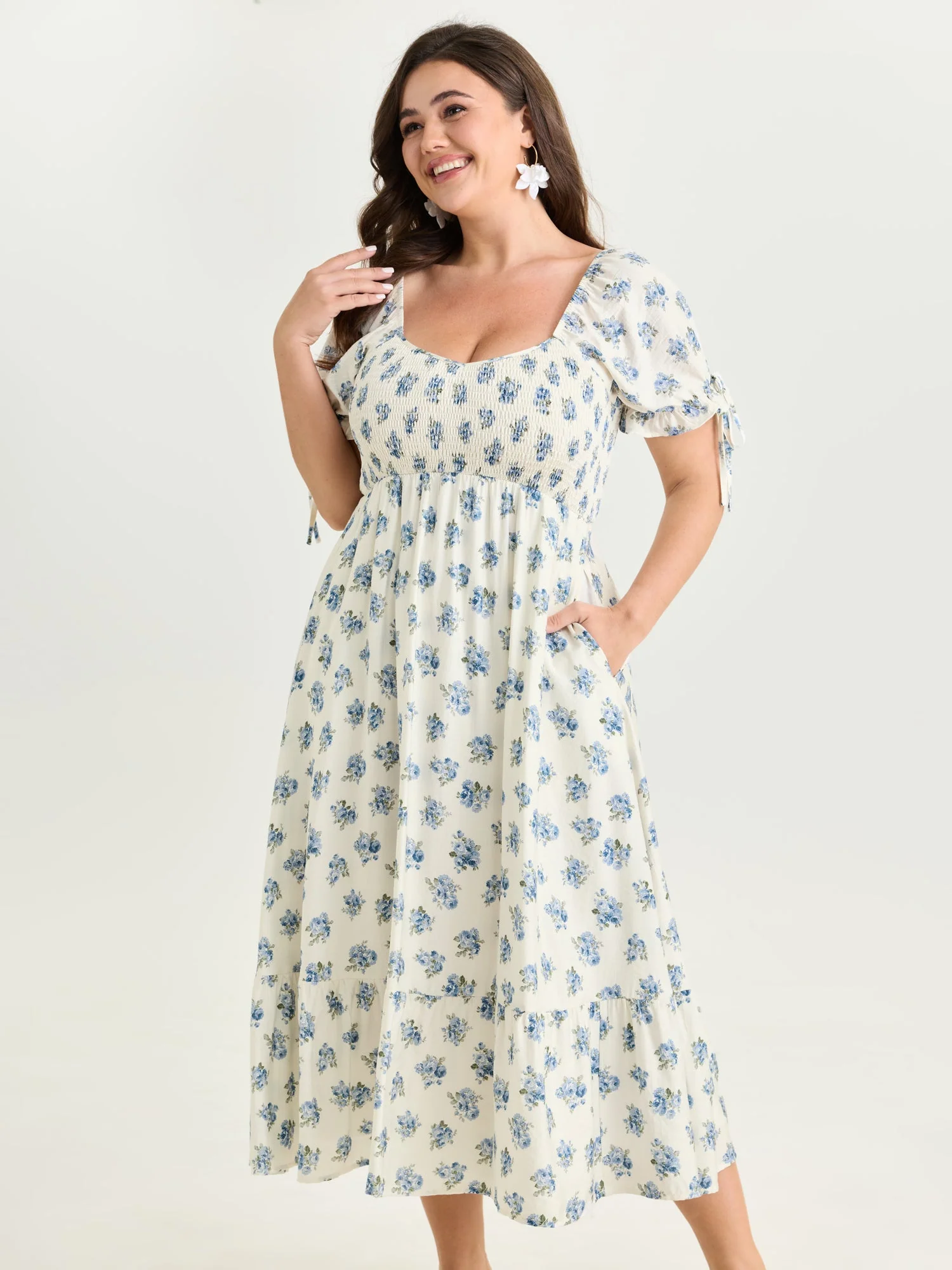 Floral Print Shirred Bodice Sleeve-Tie Maxi Dress