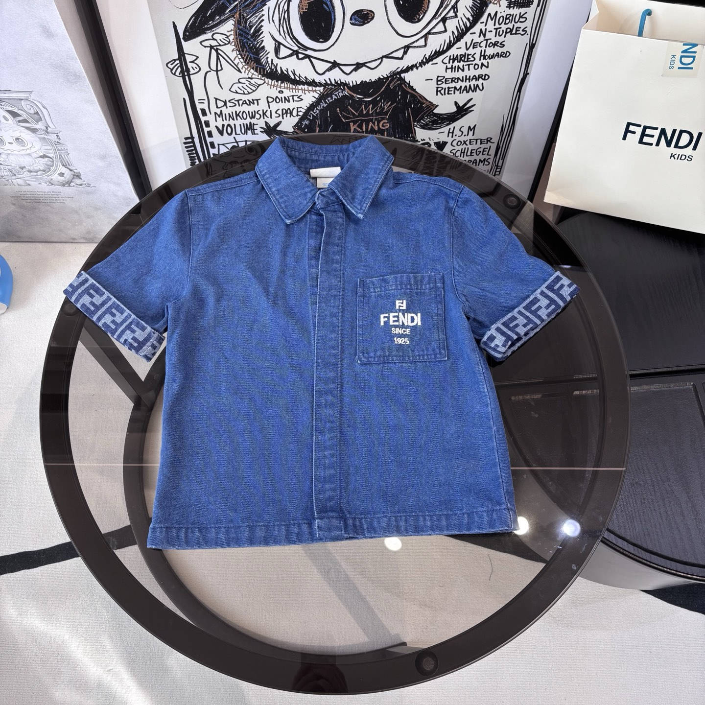 Fendi Unisex Kids Vintage Blue Soft Denim Short Sleeve Shirt & FF Logo Cuff Elastic Waist Shorts Two Piece Matching Set Boys Girls Sizes 100-160