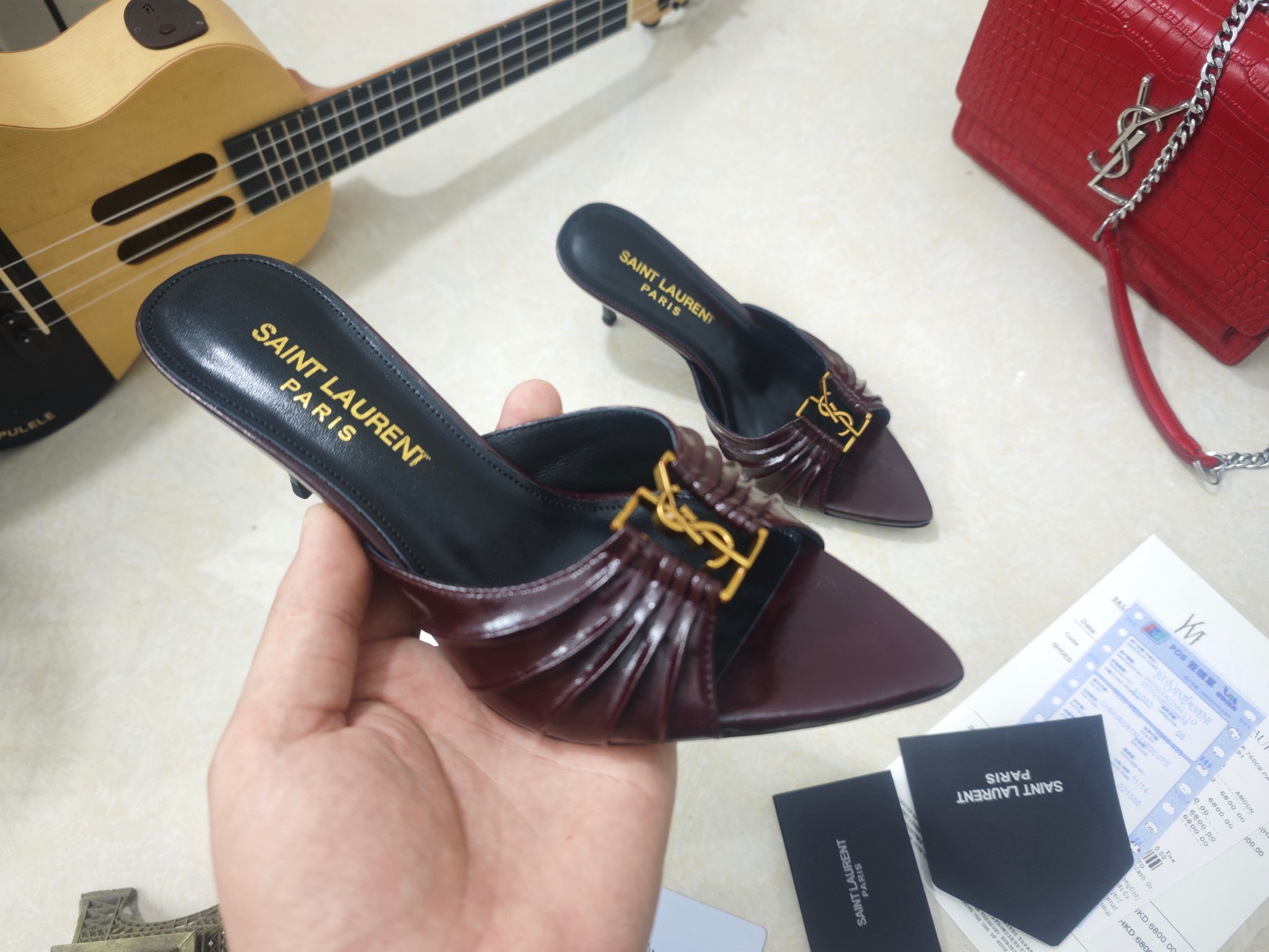 [TOP] Yves Saint Laurent YSL 6cm Mid Heels Slippers - Dark Red - 711 Luxury