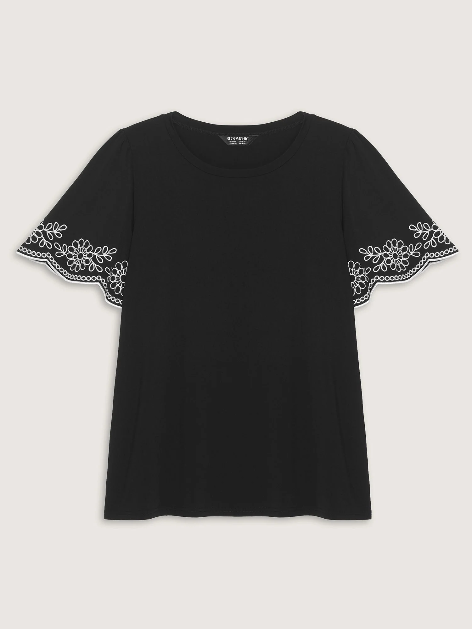 Stretchy Embroidered Sleeve Plain T-Shirt
