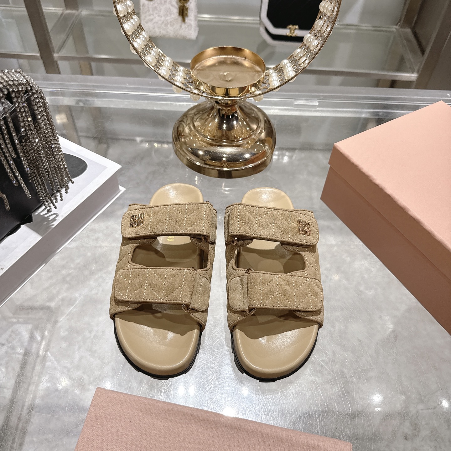 [TOP] Miu Miu Cowhide Slippers - Khaki - 711 Luxury