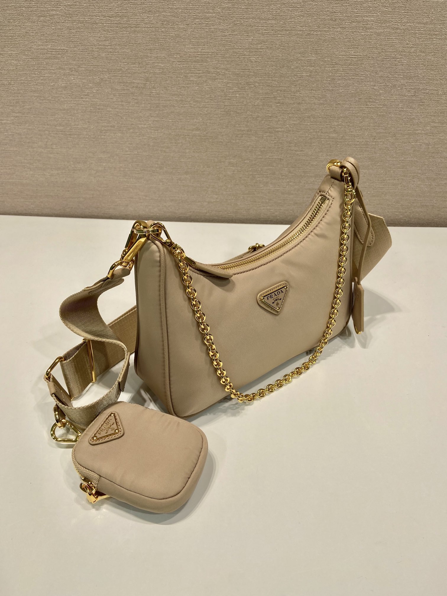 [TOP] PRADA Hobo Bag Nylon 22x12x6cm - Khaki & GHW