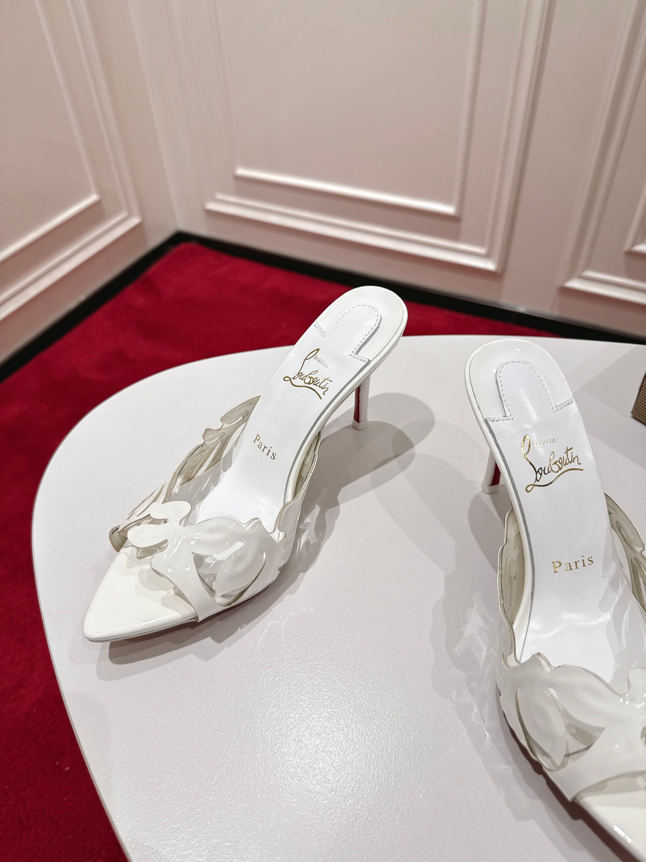 [TOP] Christian Louboutin Apostropha Petunia 80 Patent-Leather and PVC Slippers - White - 711 Luxury