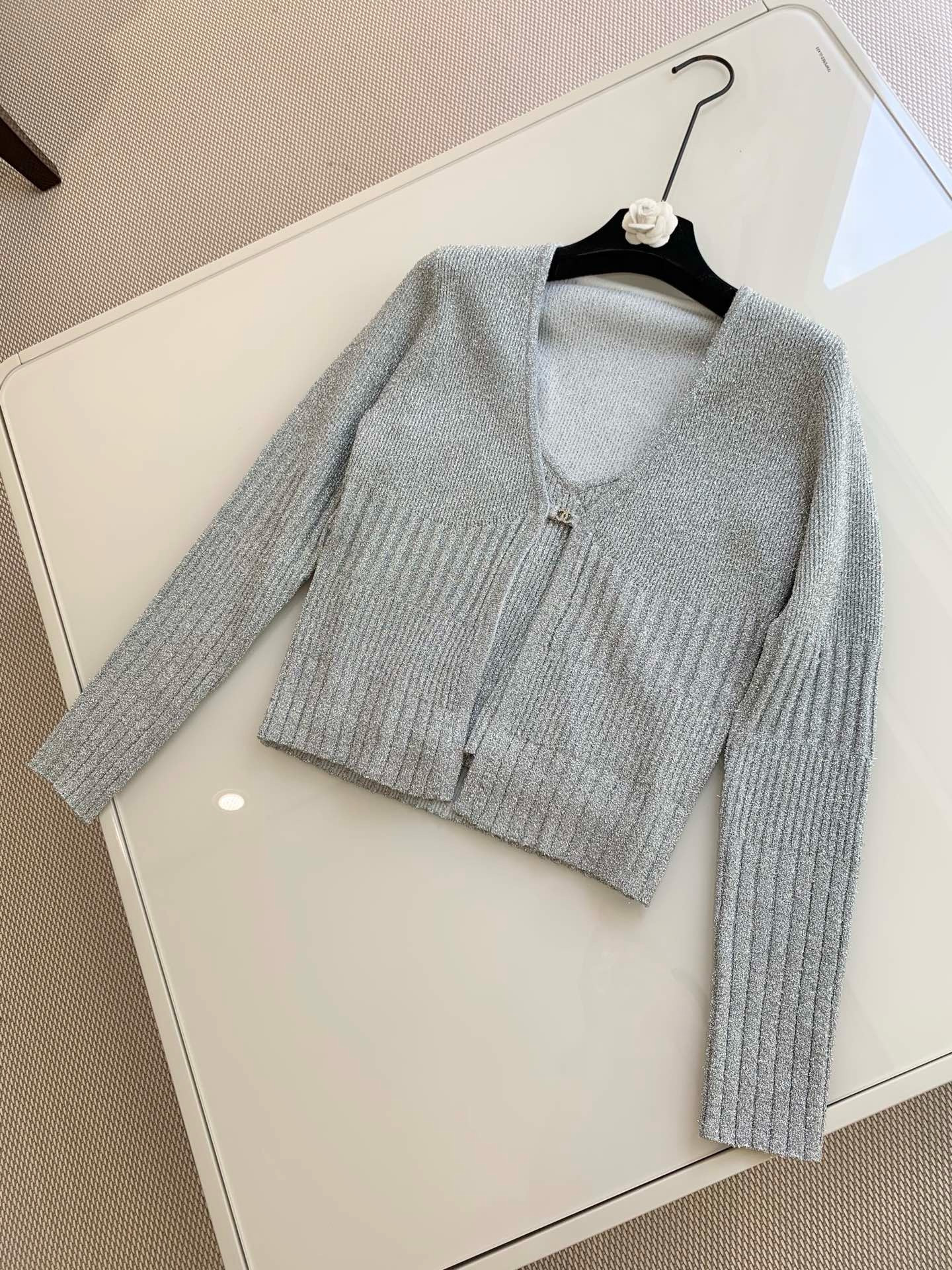 Chanel Silver Yarn Knitted Cardigan Suspenders #331384