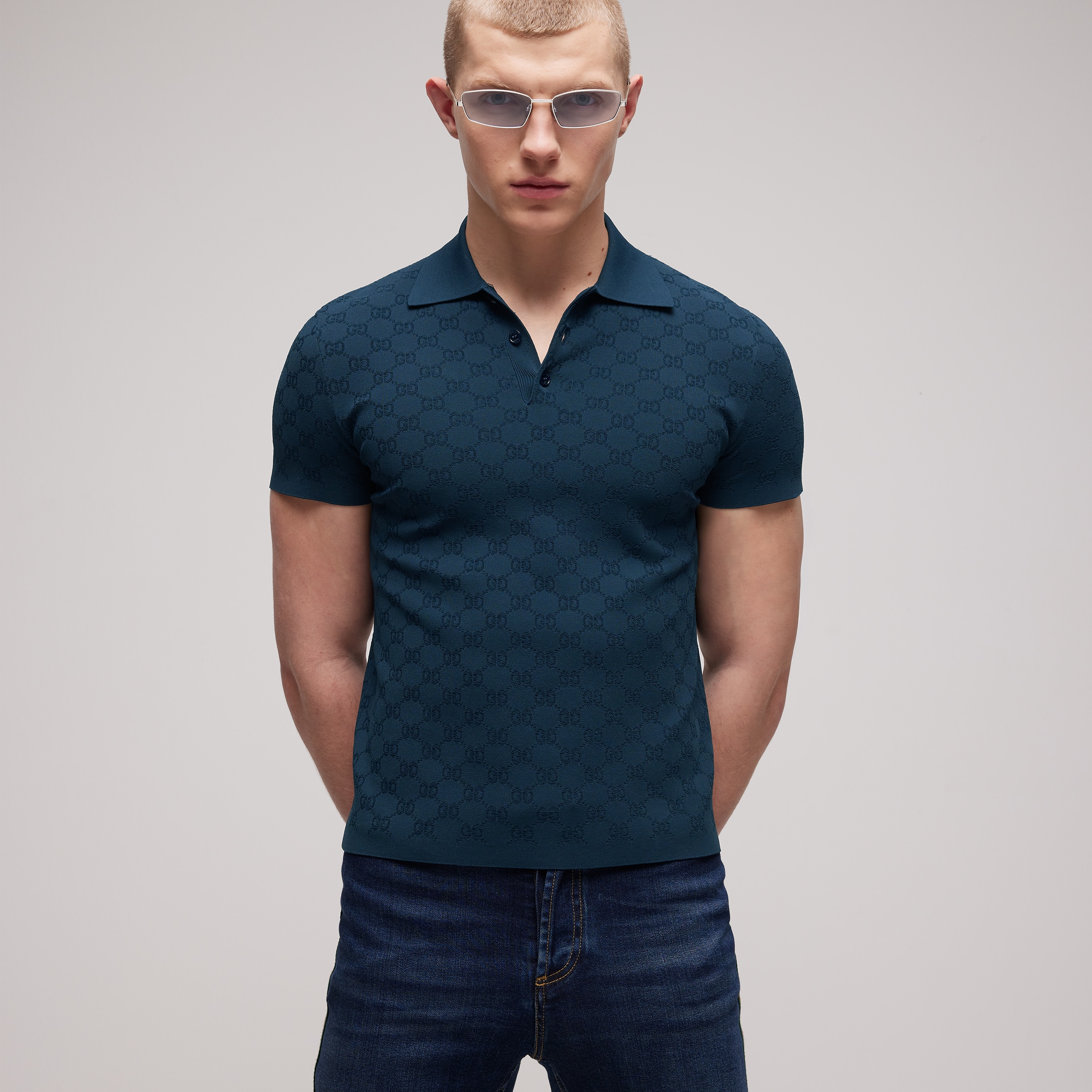 GUCCI Technical GG Jacquard Fabric Polo Shirt in Dark Blue #387378