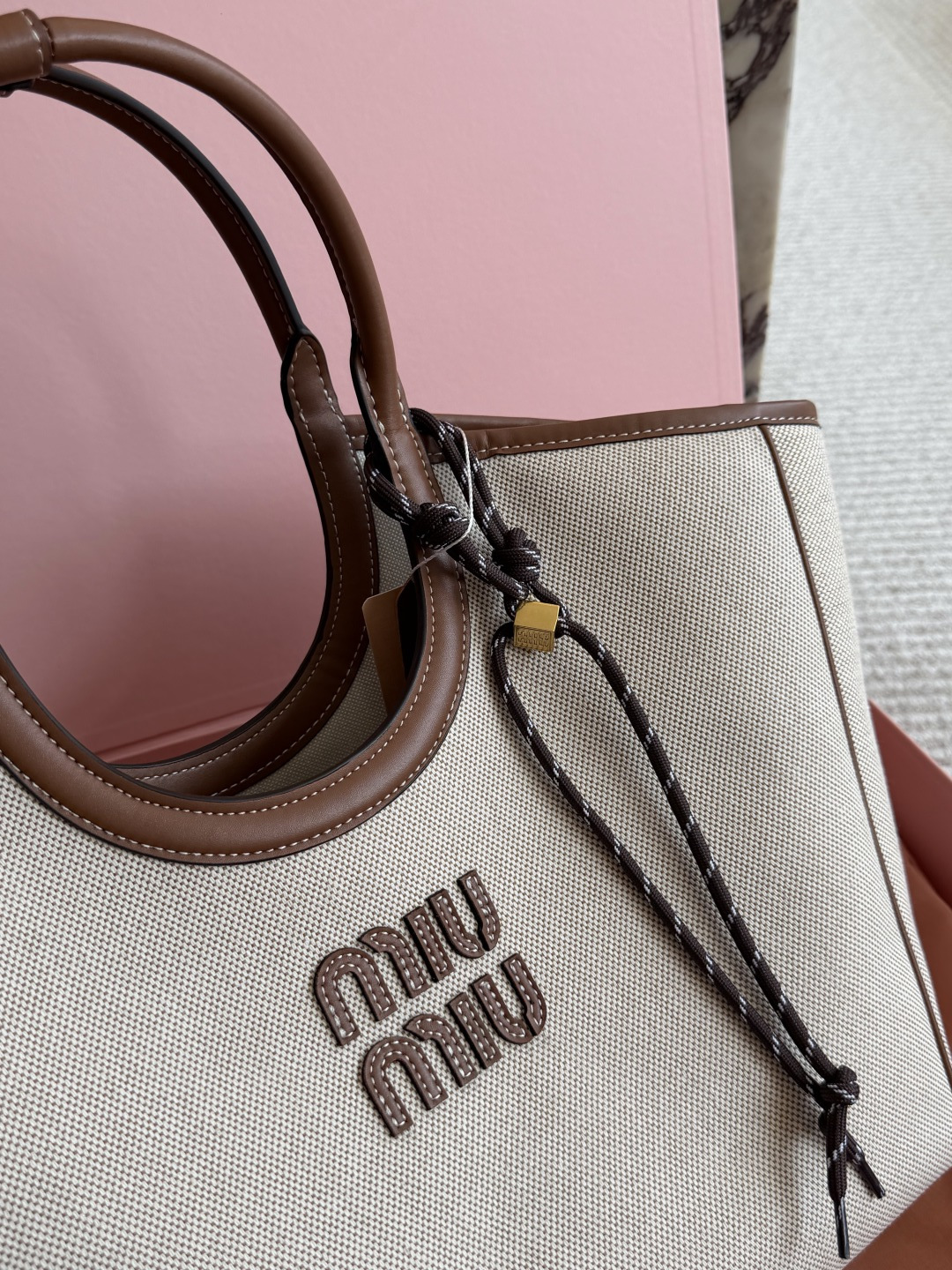 Miu Miu Ivy Canvas Tote Bag with Leather Accents and Detachable Shoulder Strap (Replica)