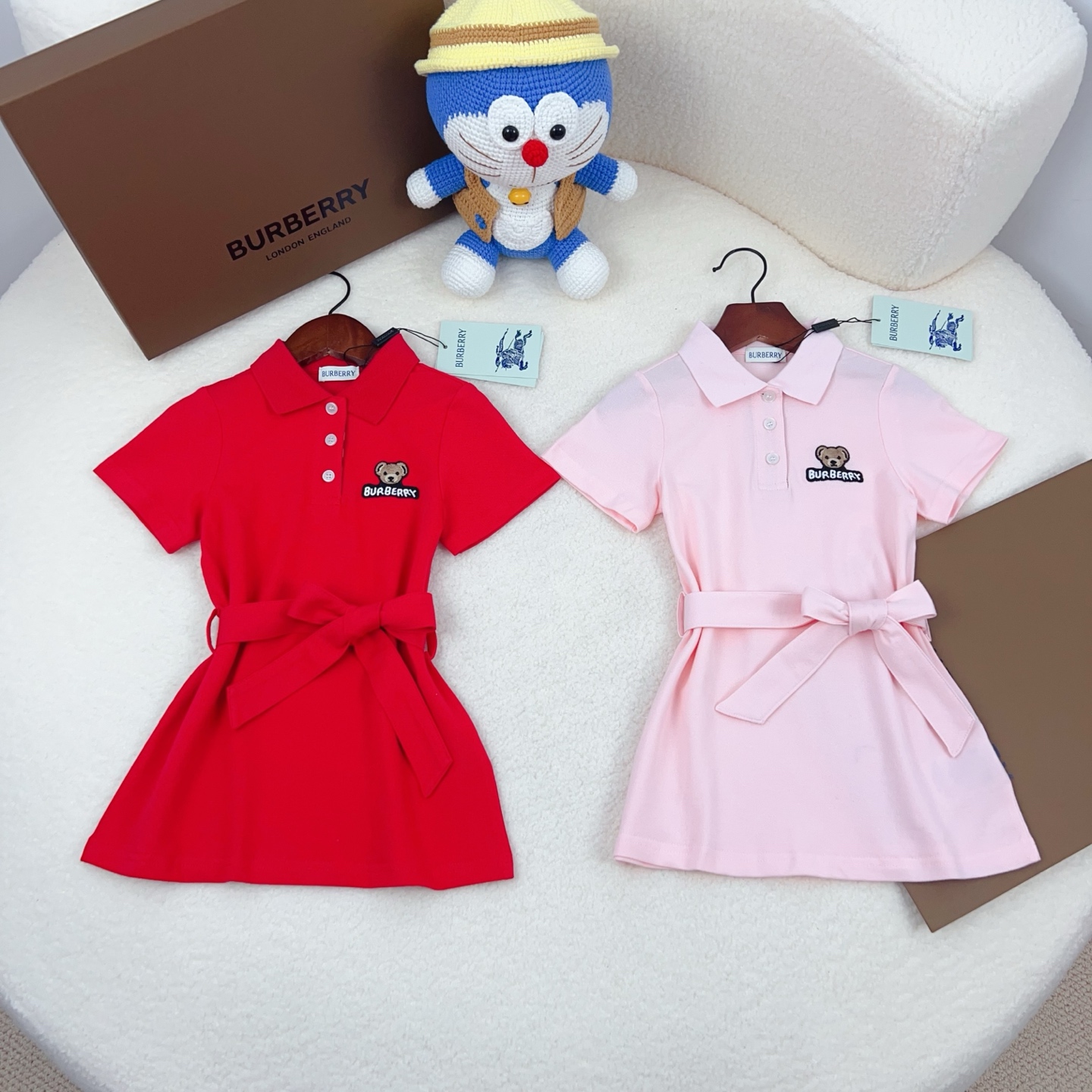 Burberry Girls Red Pink Bear Embroidered Belted Pique Cotton Polo Short Sleeve Dress Kids Summer Casual Dress Sizes 90-160