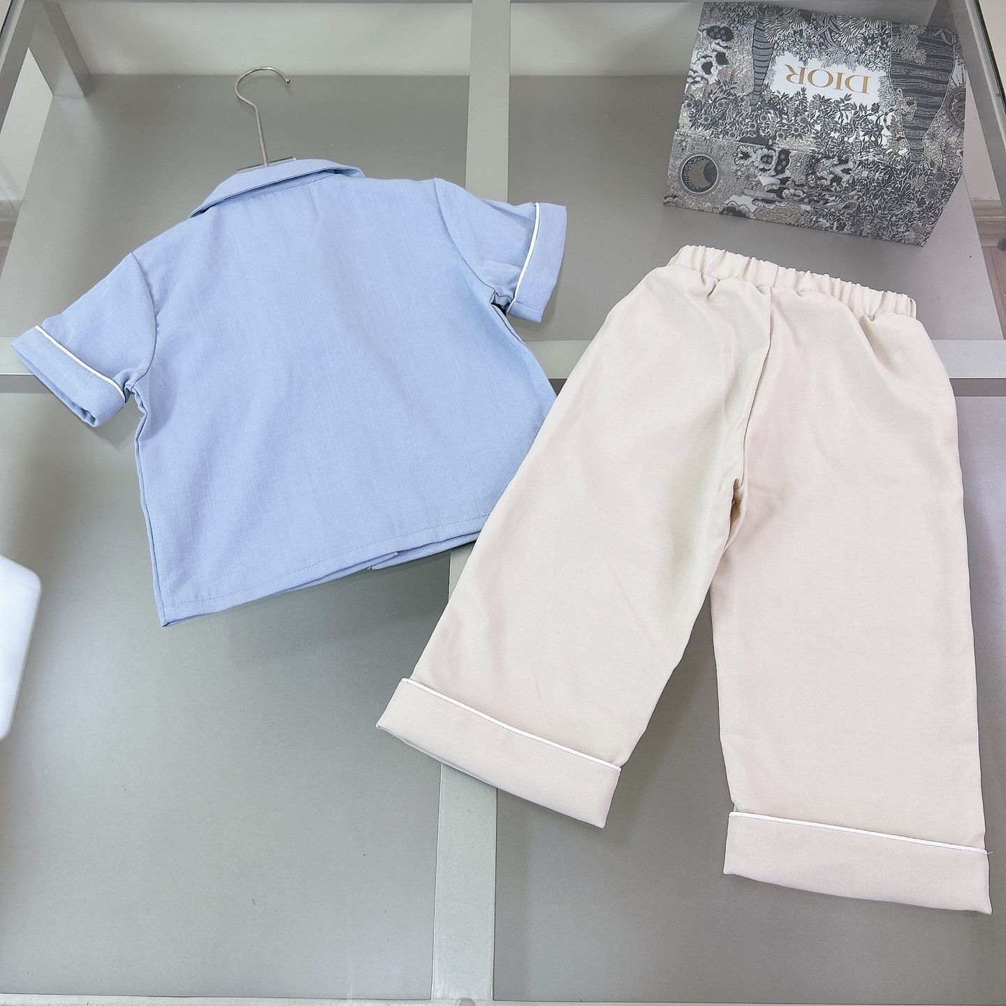 Boss Unisex Kids Light Blue Piped Lapel Short Sleeve Shirt & Beige Cuffed Straight Long Pants Set Boys Girls Sizes 90-150