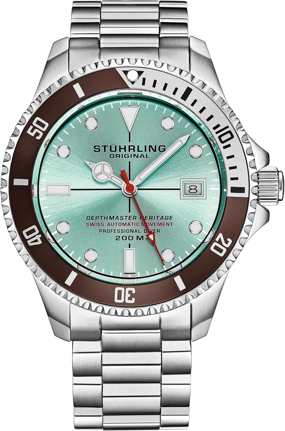 Stuhrling Original Mens Swiss Automatic Stainless Steel Professional DEPTHMASTER Dive Watch, 200 Meters Water Resistant, Brushed and Beveled Bracelet with Divers Safety Clasp and Screw Down Crown