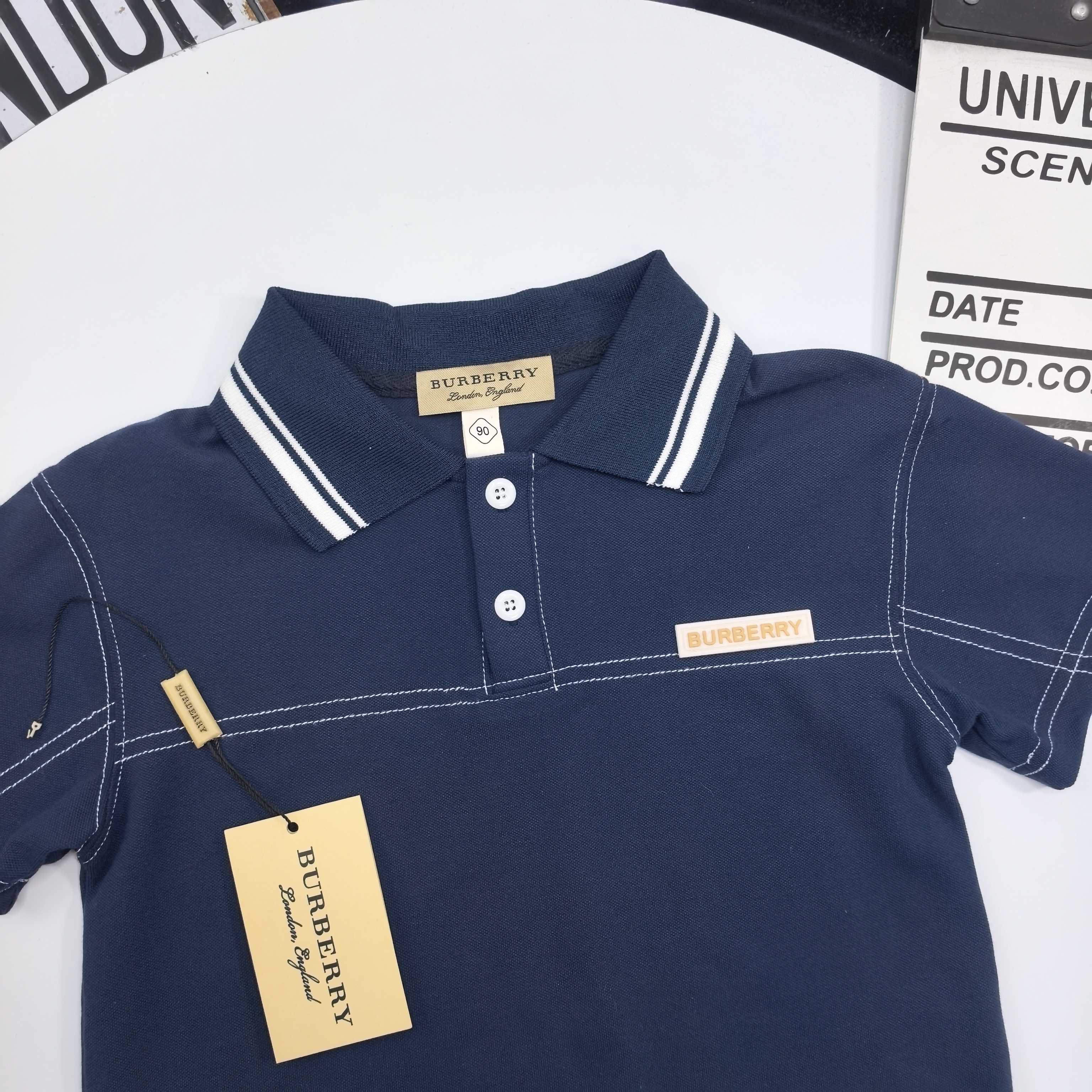 Burberry Unisex Kids Navy White Stripe Collar Short Sleeve Polo Shirt Boys Girls British Preppy Cotton Top Sizes 90-160