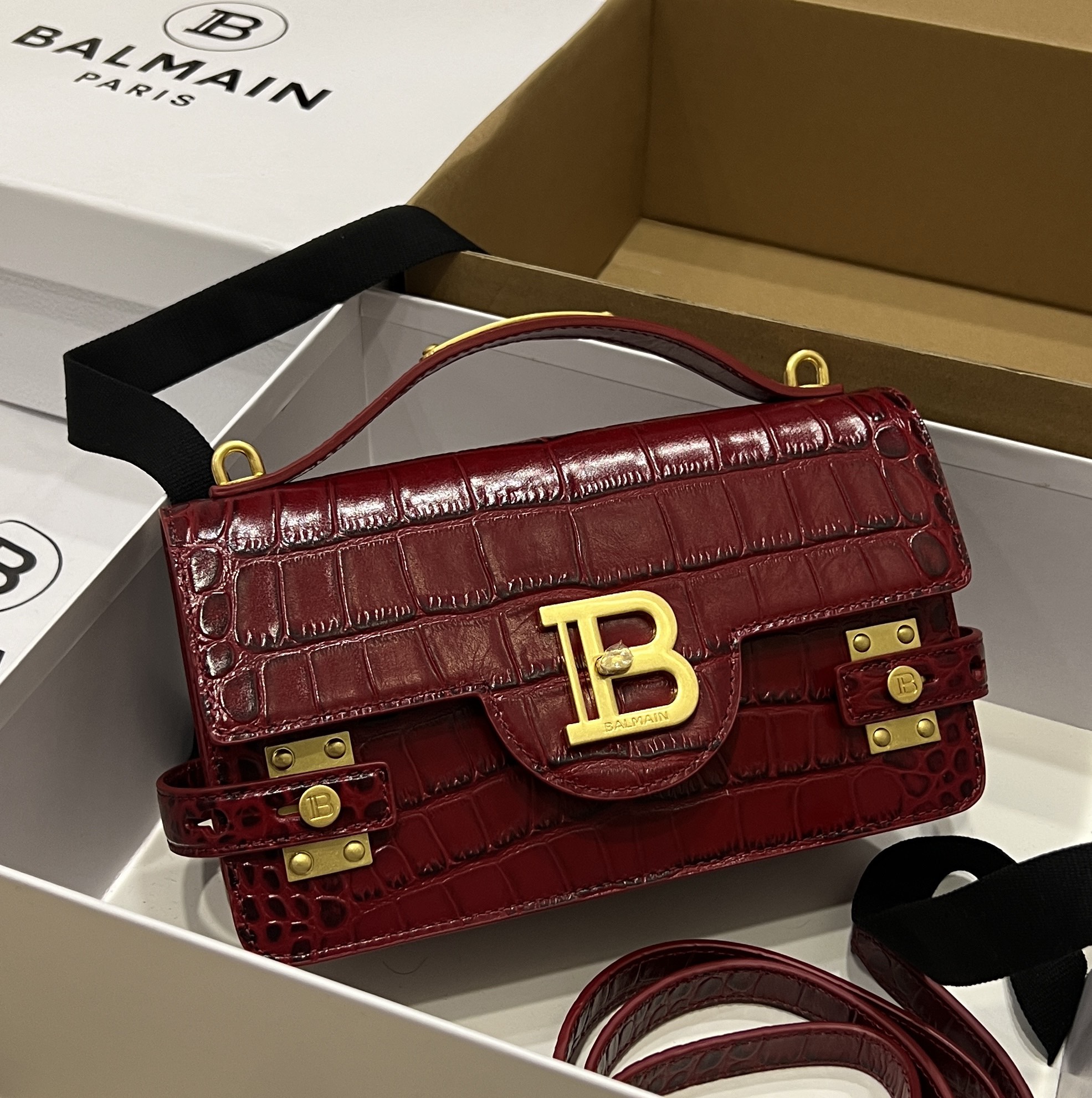 [TOP] BALMAIN Cowhide Embossed Crocodile Pattern Bag 23*14*8 CM - Dark Red - 711 Luxury