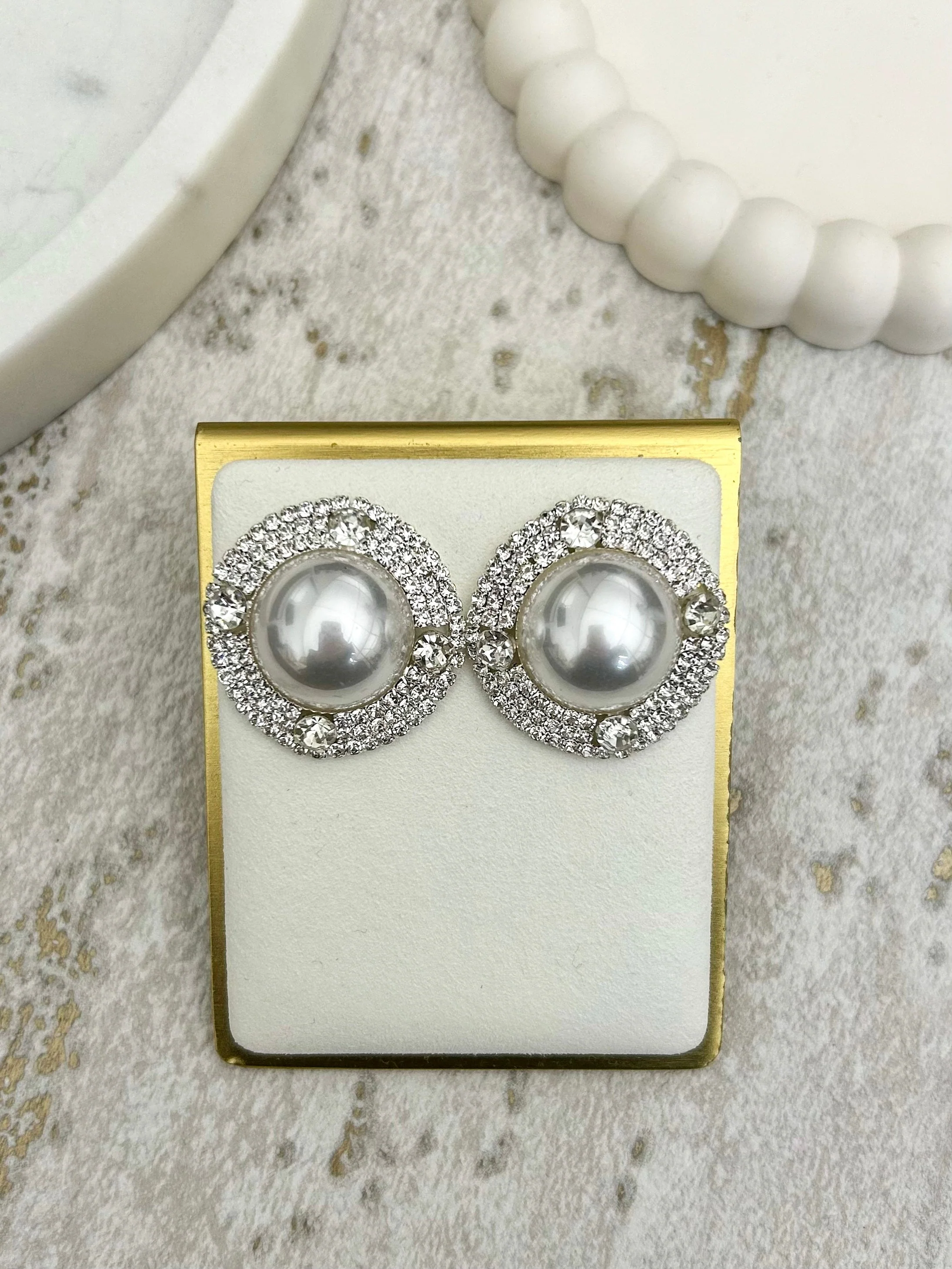 Round Pearl Diamante Trim Stud Earrings (2 Colours)