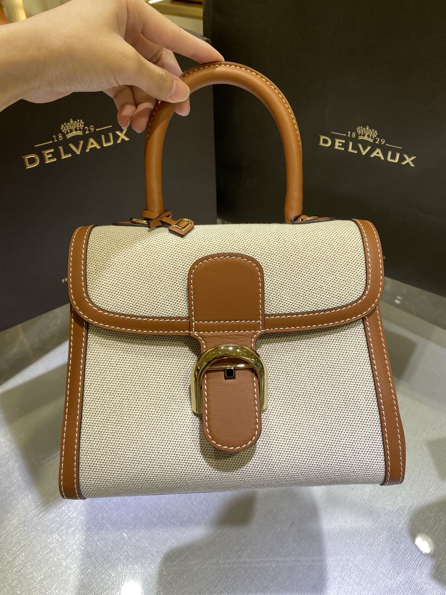 [TOP] Delvaux Brillant Bag Cowhide/Canvas  24*12*19cm - White and Brown - 711 Luxury