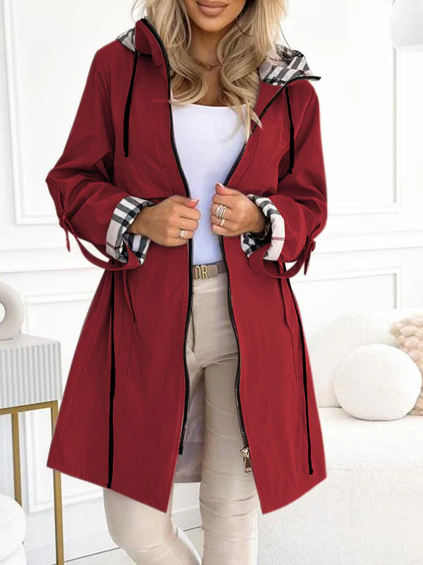 Women's Hooded Zipper Drawstring Plaid Print Casual Long Coat-XS-3XL