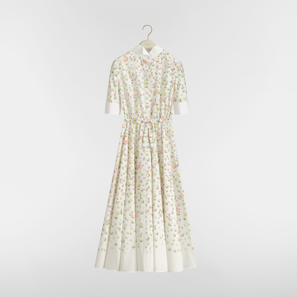 Dior Mid-length Shirt Dress in Cotton Poplin Multicolor Daisy Garden Pattern With Belt #380098