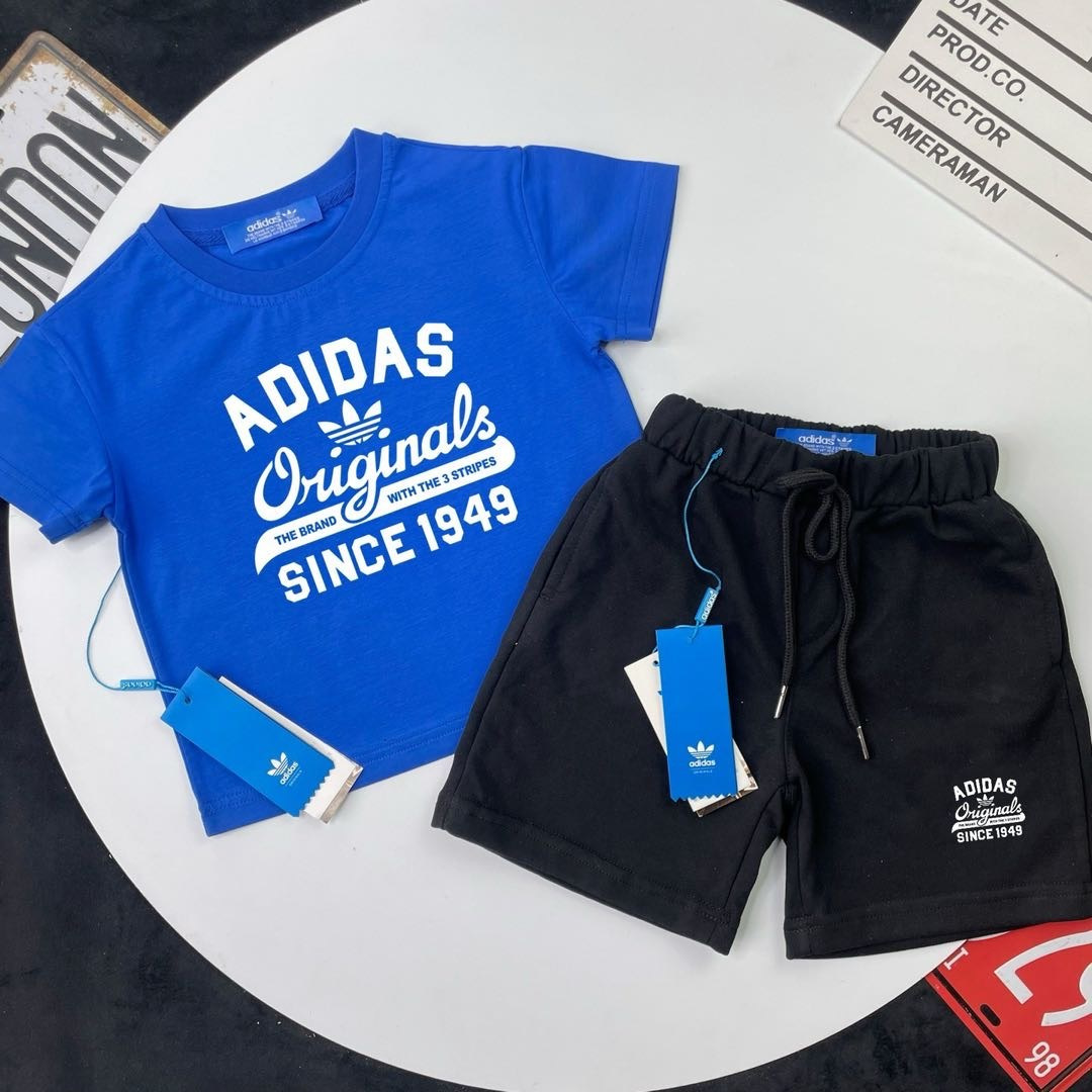Adidas Kids 2Pcs Vintage Letter Print Tee & French Terry Sweat Shorts Outfit For Boys Girls Full Original Tags Sizes 90-150