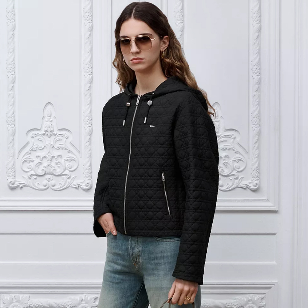DIOR Zipped Macrocannage Jacket with Hood Black Quilted Technical Taffeta #389242