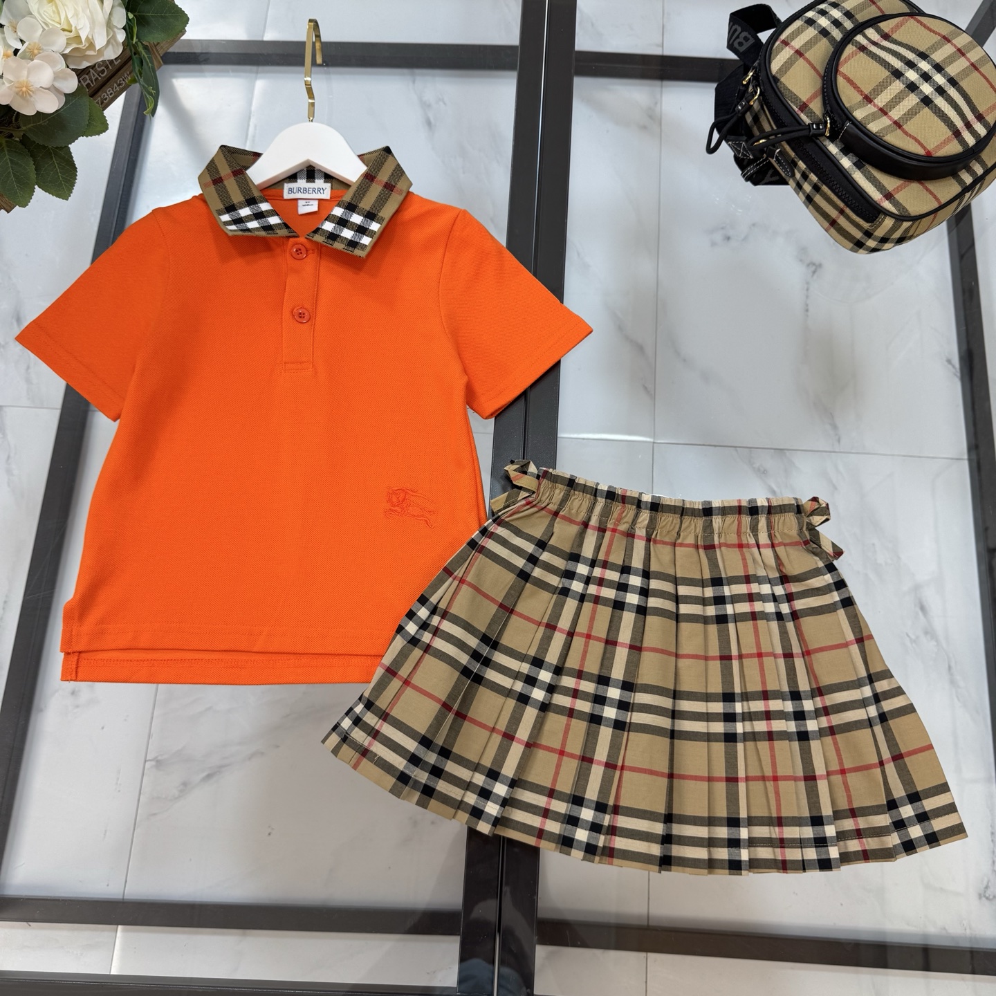 Burberry Girls Vintage Check Collar Orange Polo Shirt & Signature Plaid Pleated Skirt Two Piece Matching Set Kids Sizes 100-160