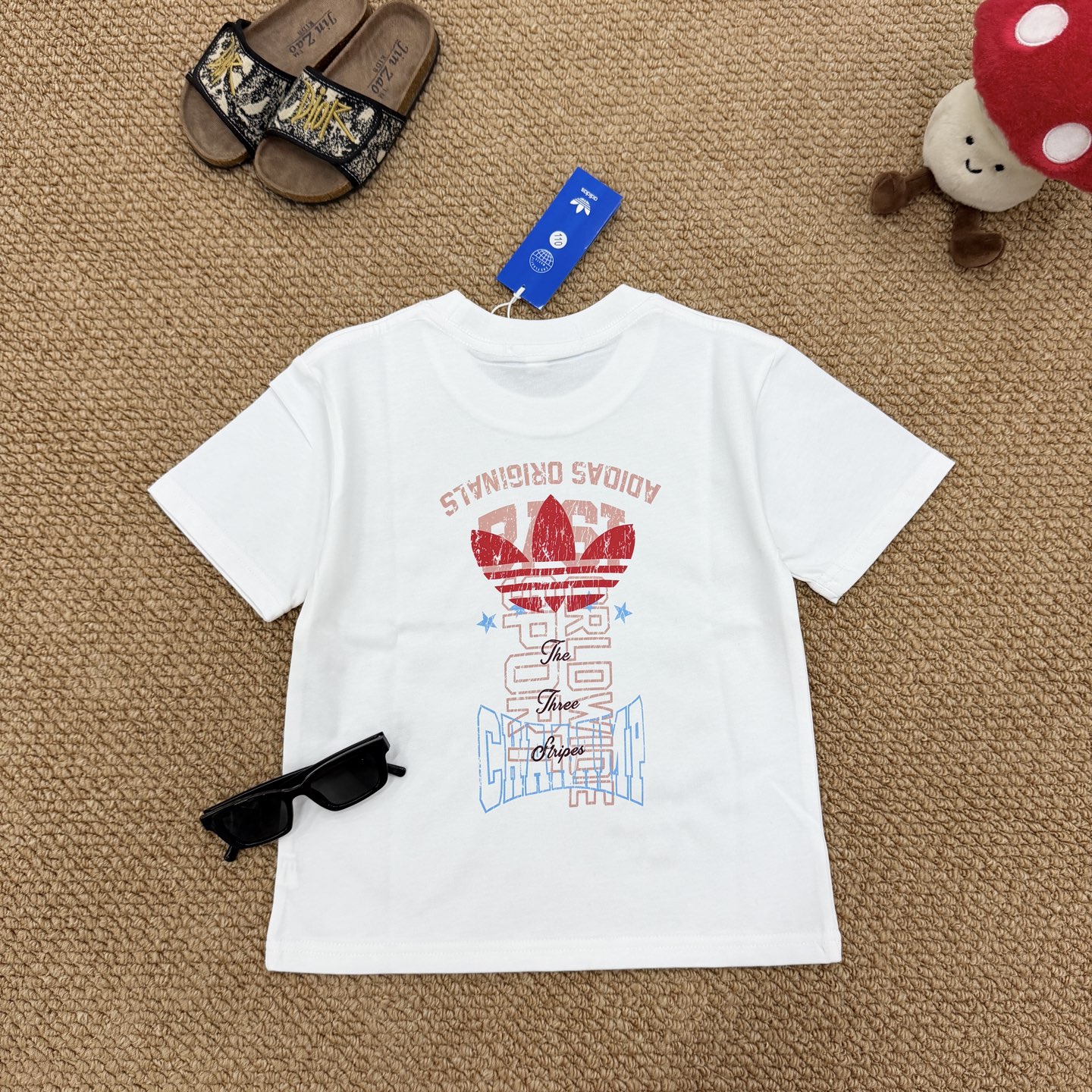Adidas Originals Unisex Kids Short Sleeve T-Shirt Vintage Distressed Red Trefoil Front Back Print Cotton Tee Full Complete Tags Sizes 90-150 Boys Girls Summer Casual Sports Top