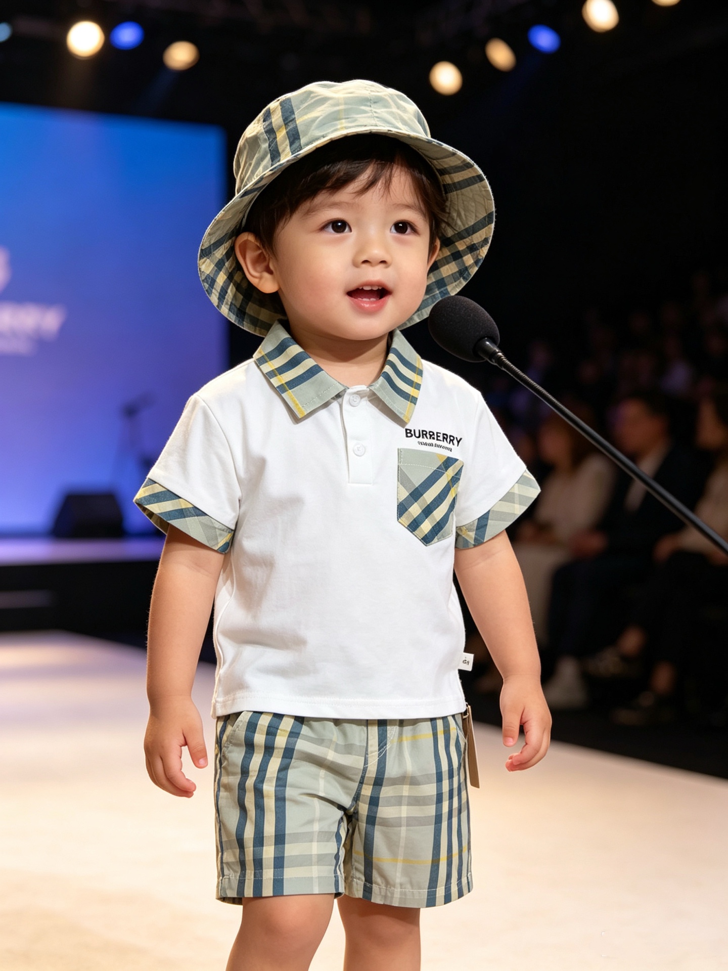 Burberry Unisex Kids Mint Vintage Check Polo Shirt & Elastic Waist Shorts Two Piece Matching Set With Bucket Hat Boys Girls Sizes 80-110 White Light Green Plaid