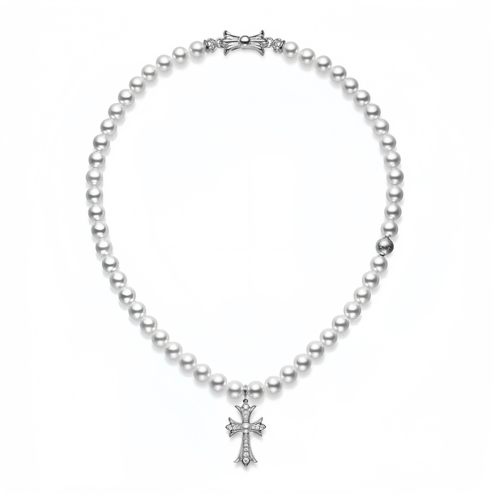 Chrome Hearts Jewelry Chrome Hearts x Mikimoto Pearl Cross Necklace #395633 | Nigo Office