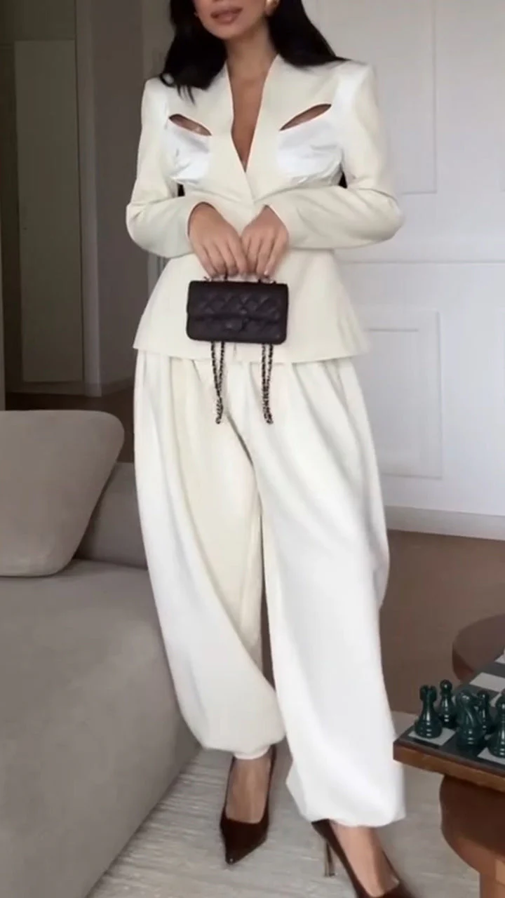 Women V-neck Patchwork Hollow Jacket + Pants Temperament Commuting Set