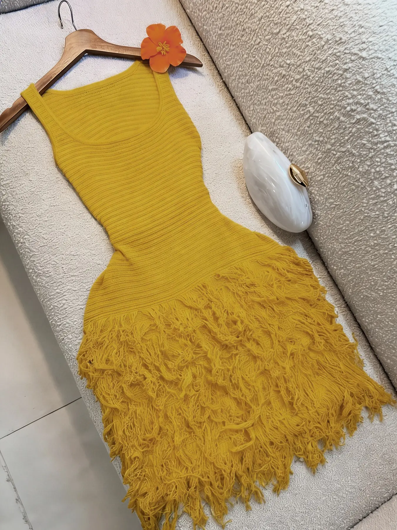 Elegant Knitted Bodycon Dress, Summer Vacation Fringe Skirt
