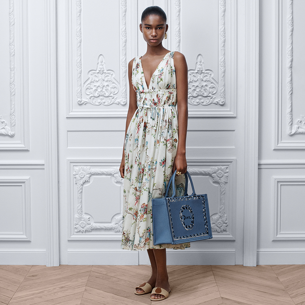 DIOR Dioriviera Mid-Length Flared Dress White Cotton Muslin with Multicolor Dior Arabesque Motif #387259