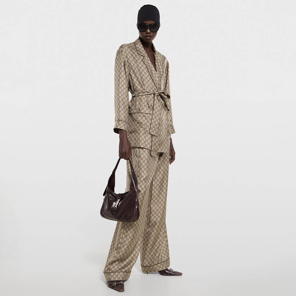 GUCCI Printed Silk Twill Leisure Pants Shirt in Beige and Dark Brown #381179