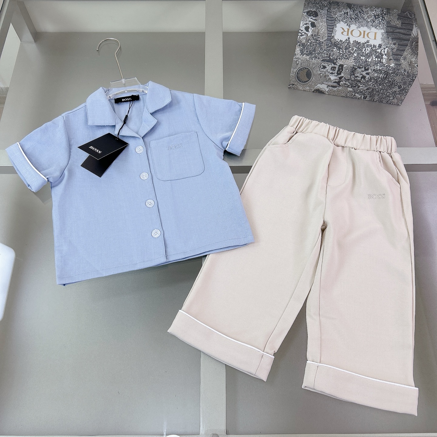 Boss Unisex Kids Light Blue Piped Lapel Short Sleeve Shirt & Beige Cuffed Straight Long Pants Set Boys Girls Sizes 90-150