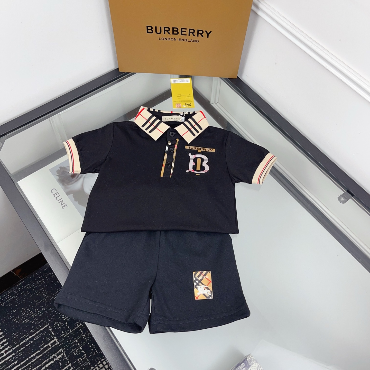 Burberry Unisex Kids Striped Collar B Embroidery Polo Shirt & Check Patch Shorts Two Piece Set Boys Girls Sizes 90-130 Black