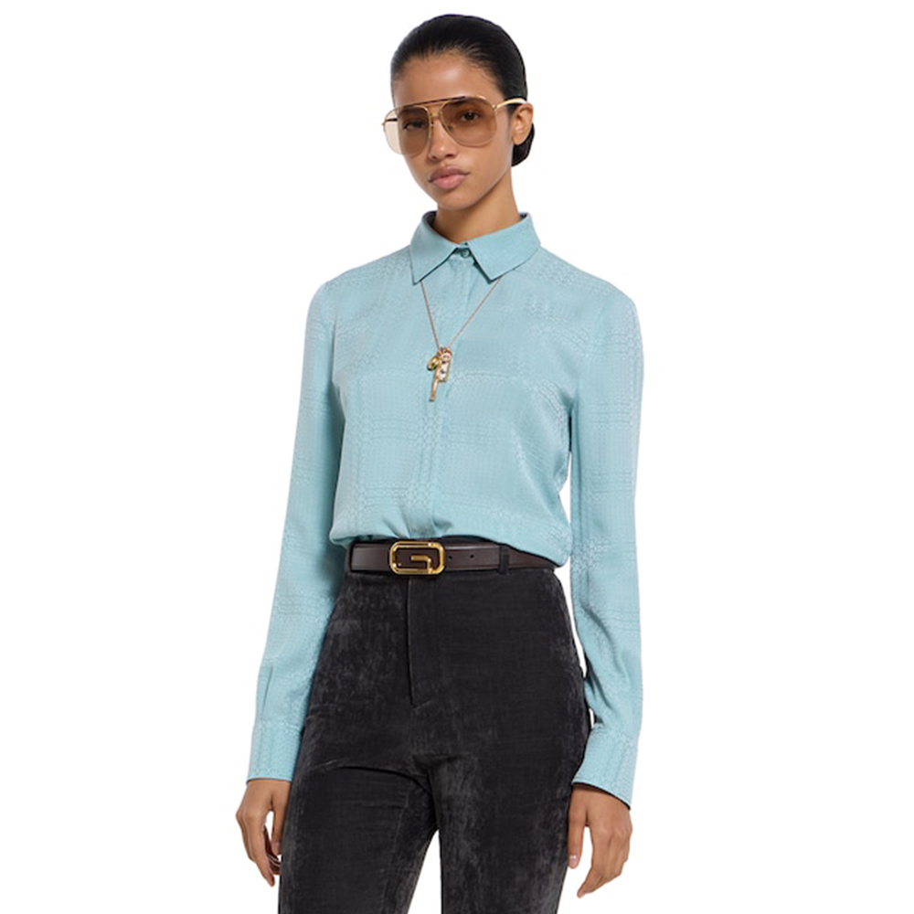 Gucci blue Clothing GUCCI Interlocking G Silk Jacquard Shirt in Light Blue View 2 | Nigo Office