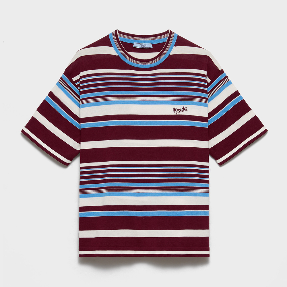 Prada blue Clothing PRADA Amaranth light Blue Striped Cotton Crew-neck Sweater #388054 | Nigo Office