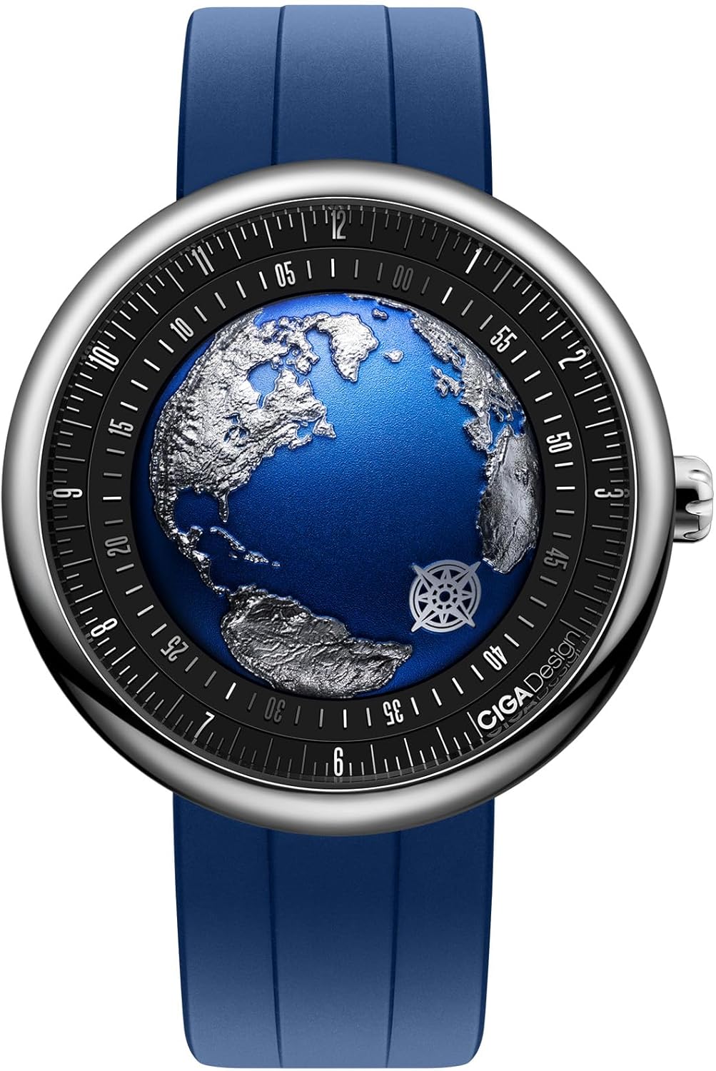 CIGA Design Mechanical Automatic Watch Blue Planet II·Atlantic, Round Stainless Steel Case, Earth-Like dial Design, Luminous Version, Premium Fluororubber Strap Watches Gifts for Men and Women