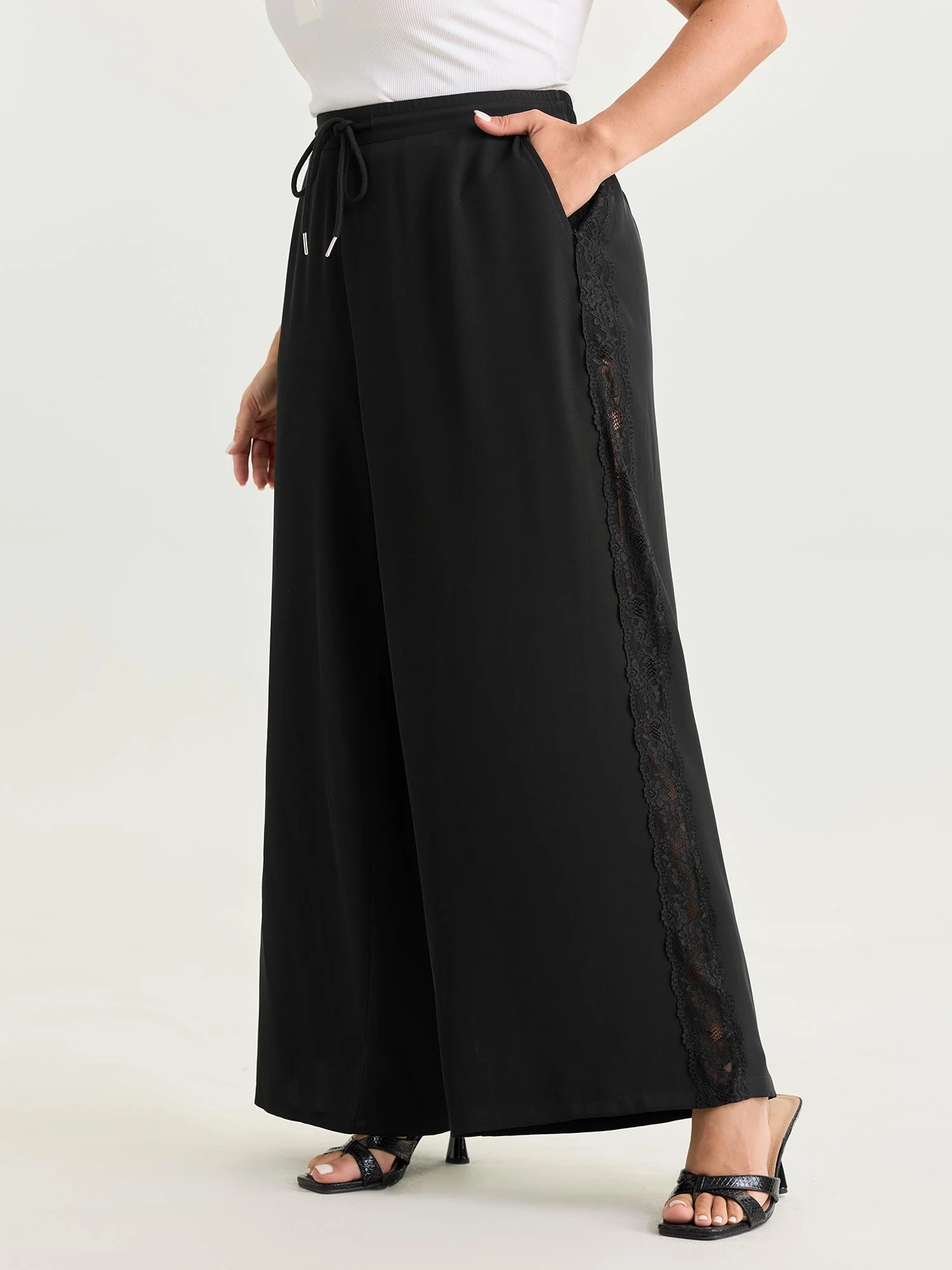 Lace Side Panels Drawstring Pants