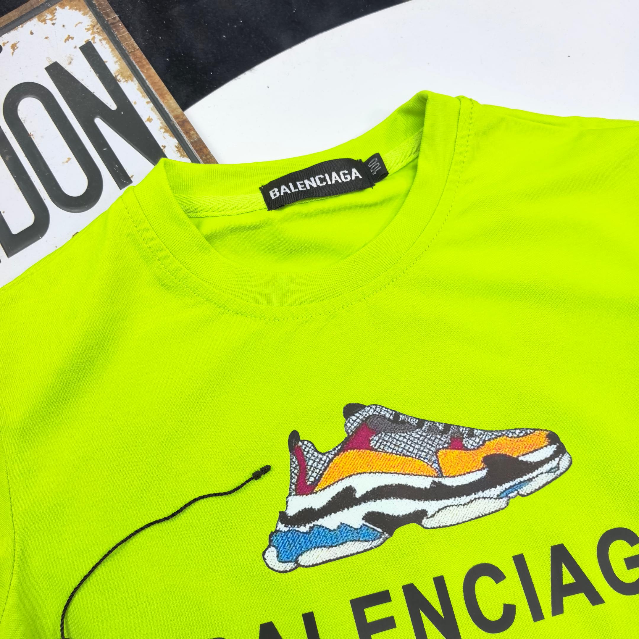 Balenciaga Unisex Kids Fluorescent Green Sneaker Graphic Short Sleeve T-Shirt & Black Double Side Woven Logo Stripe Sweat Shorts 2 Piece Set Boys Girls Sizes 90-150