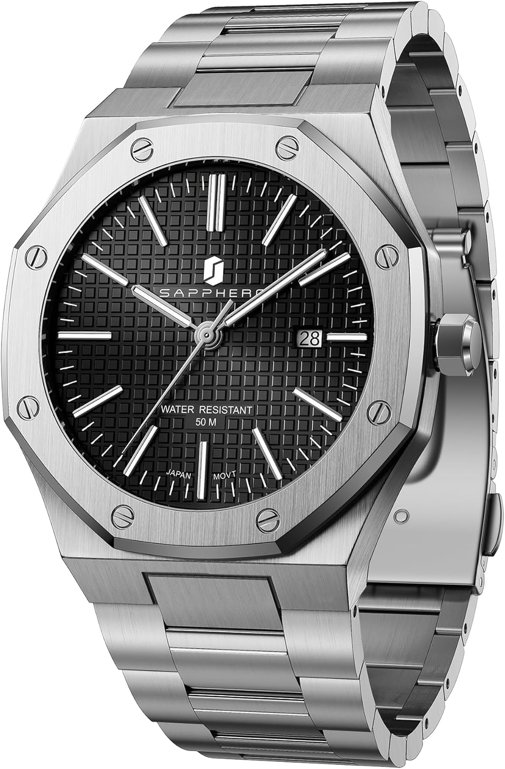 SAPPHERO Men's Watch Octagonal Stainless Steel Luminous Wristwatch Luxury Analog Quartz Watch for Men with Date Elegant Mens