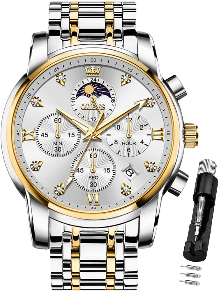 OLEVS Watch for Men Diamond Business Dress Analog Quartz Stainless Steel Waterproof Luminous Date Two Tone Luxury Casual Wrist Watch Blue