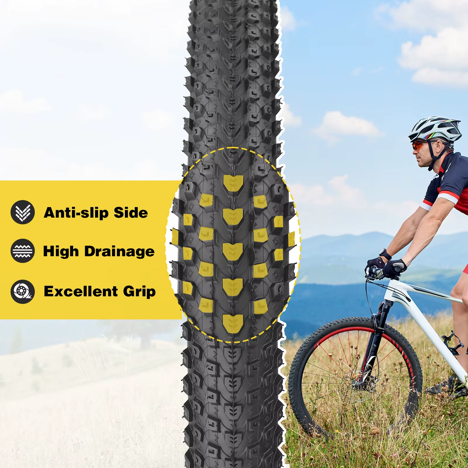 Mountain bike tire with anti-slip tread pattern designed for excellent grip and high drainage, providing stable performance on trails and rough terrain; suitable for mountain bikes, standard bicycles, and electric bikes. 🚴