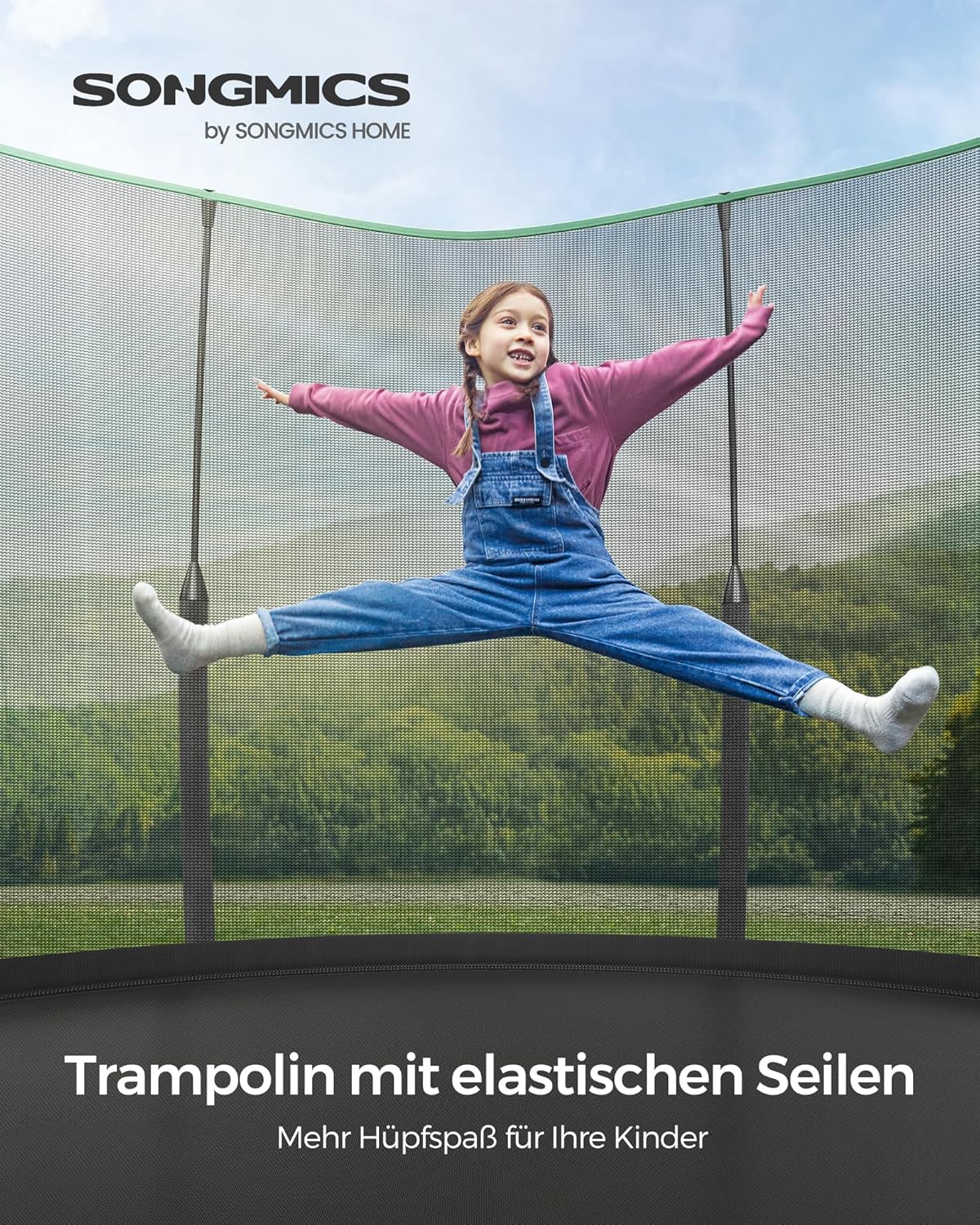 SONGMICS Federloses Trampolin Ø 305 cm, Trampolin Outdoor für Kinder, elastische Seile, Sicherheitsnetz mit Reißverschluss, Glasfaserstangen, sicher, geräuscharm