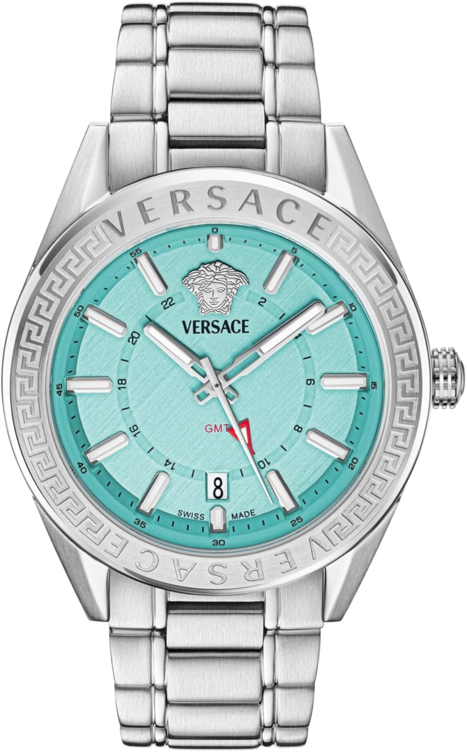 Versace V-Code GMT Collection Luxury Mens Watch Timepieces with a Silver Bracelet Featuring a Stainless Steel Case and a Blue Dial