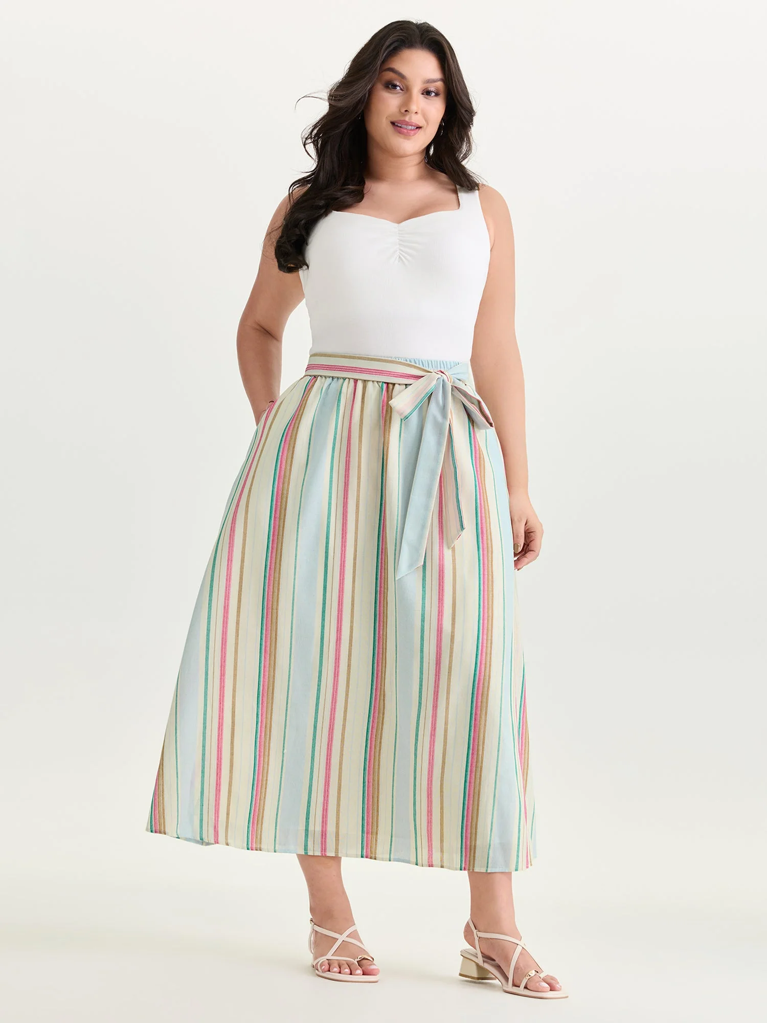 Colorful Striped Print Waist-Tie Maxi Skirt